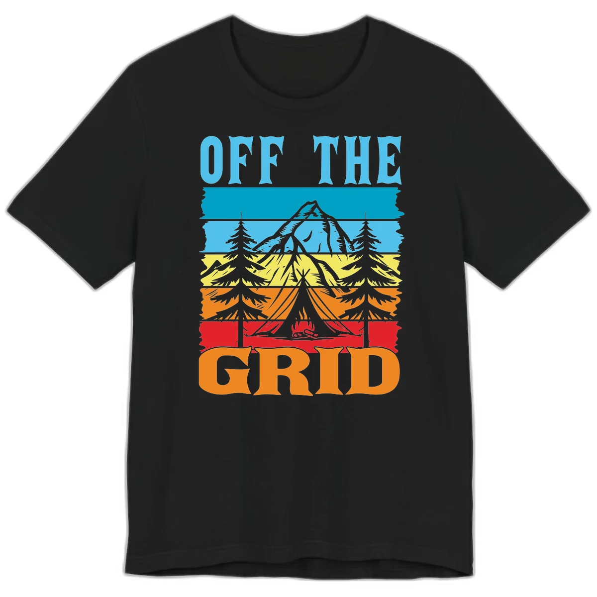Colorful layered landscape illustration with tree, mountain, campfire, and roots design for off the grid camping shirt in Black