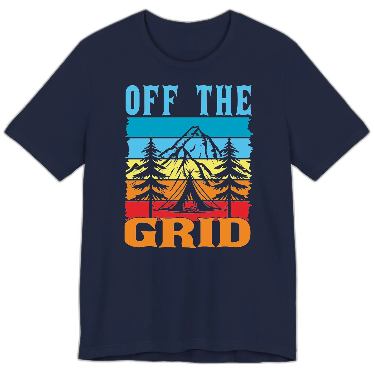 Colorful layered landscape illustration with tree, mountain, campfire, and roots design for off the grid camping shirt in Navy
