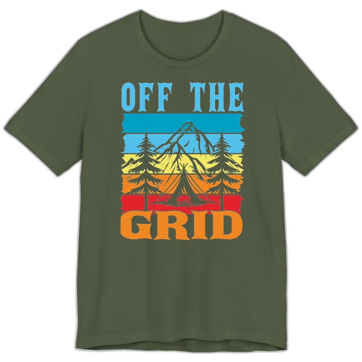 Colorful layered landscape illustration with tree, mountain, campfire, and roots design for off the grid camping shirt in Military Green