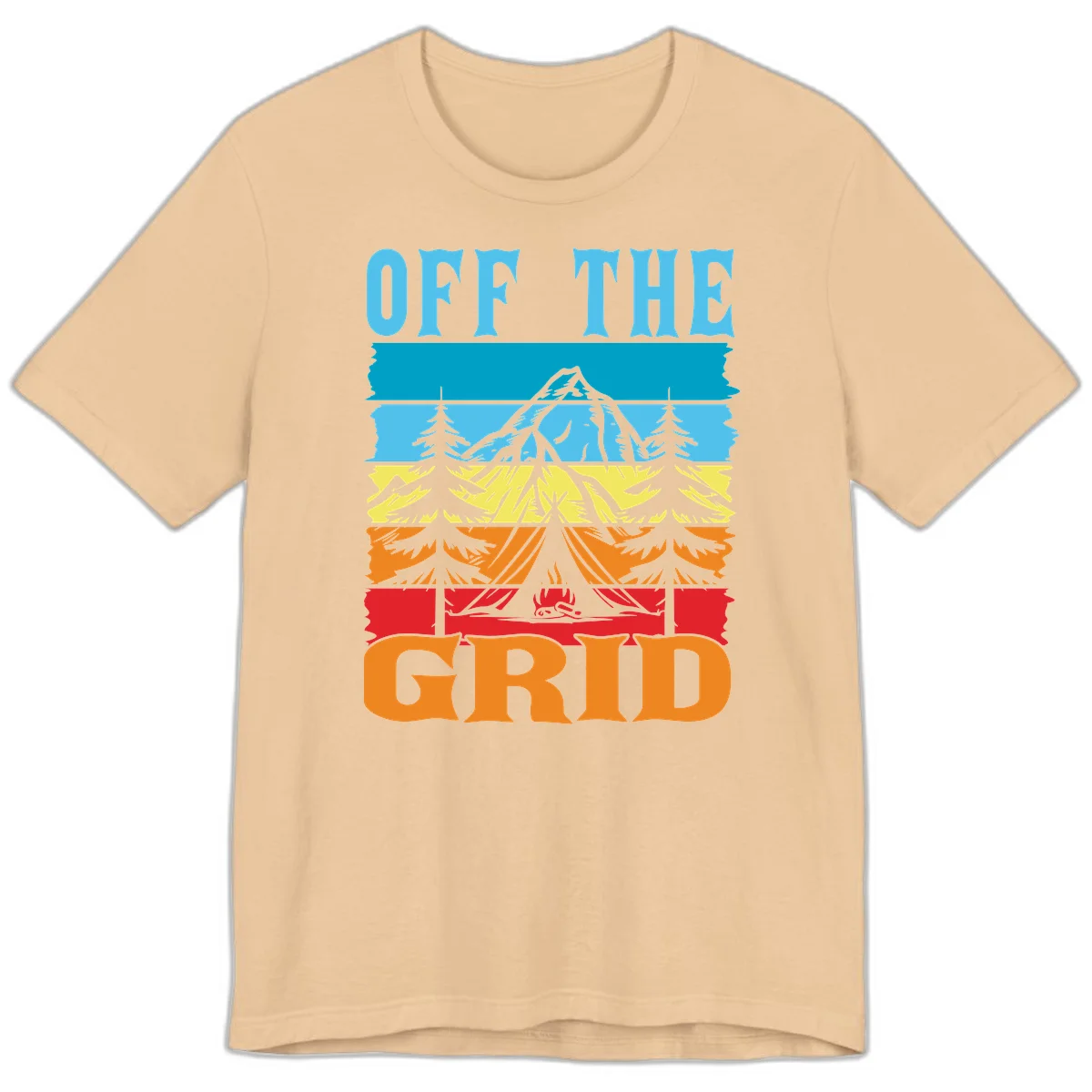 Colorful layered landscape illustration with tree, mountain, campfire, and roots design for off the grid camping shirt in Sand Dune