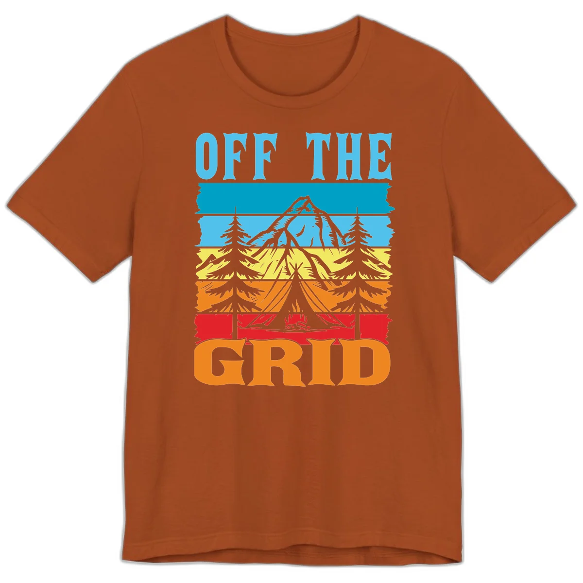 Colorful layered landscape illustration with tree, mountain, campfire, and roots design for off the grid camping shirt in Autumn