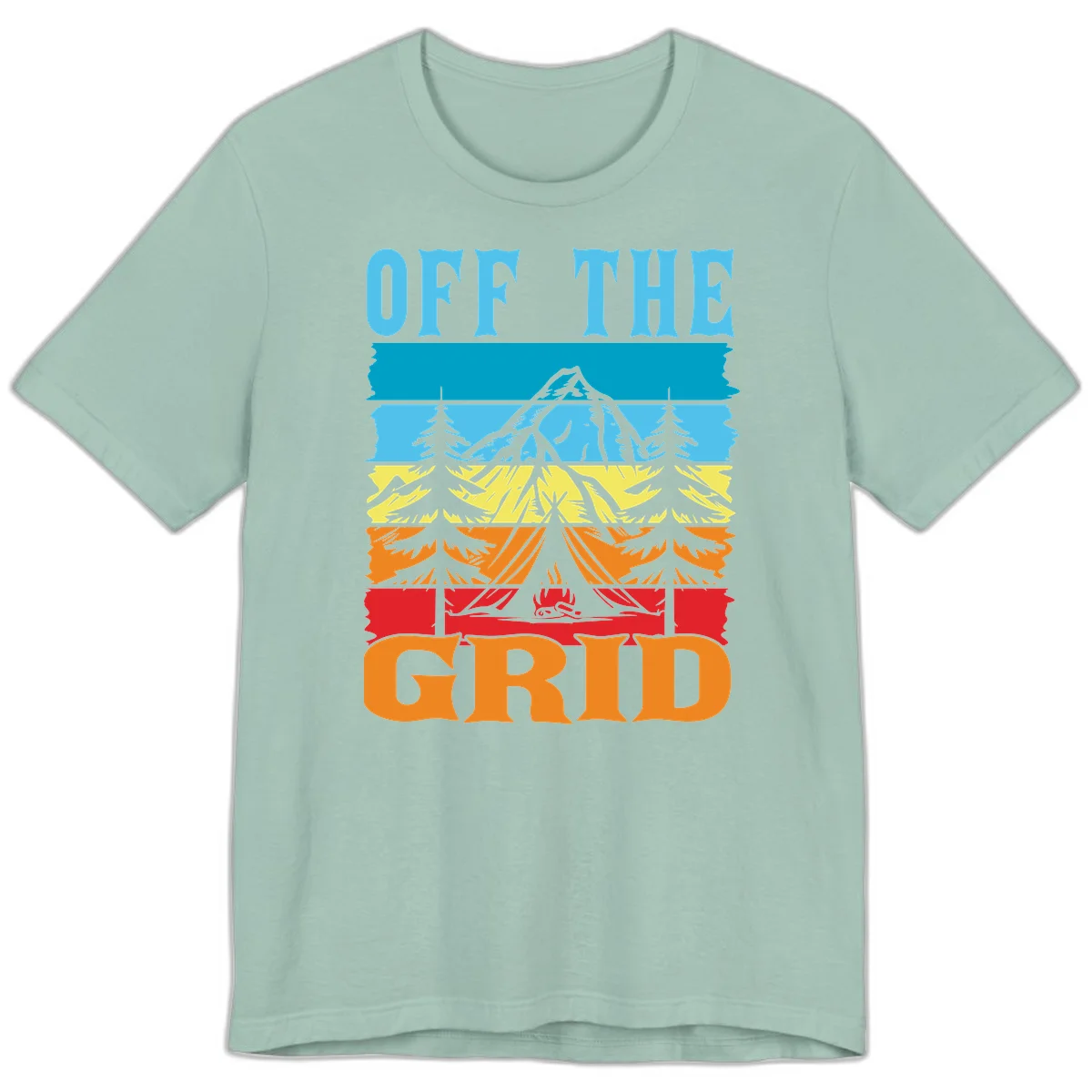 Colorful layered landscape illustration with tree, mountain, campfire, and roots design for off the grid camping shirt in Dusty Blue