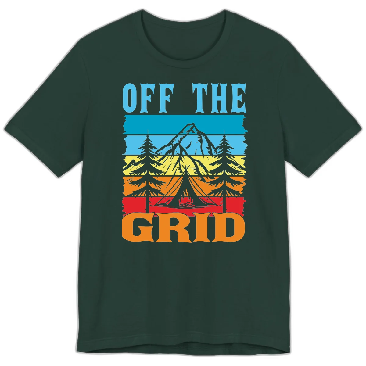 Colorful layered landscape illustration with tree, mountain, campfire, and roots design for off the grid camping shirt in Forest