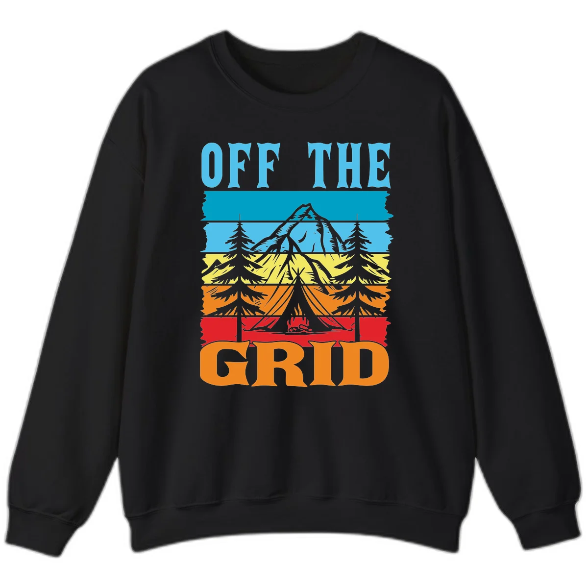 Colorful layered landscape illustration with tree, mountain, campfire, and roots design for off the grid camping shirt in Black