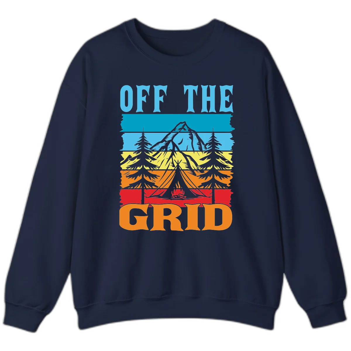 Colorful layered landscape illustration with tree, mountain, campfire, and roots design for off the grid camping shirt in Navy