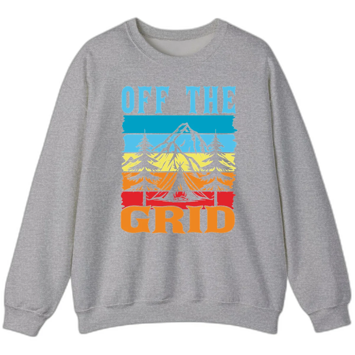 Colorful layered landscape illustration with tree, mountain, campfire, and roots design for off the grid camping shirt in Sport Grey