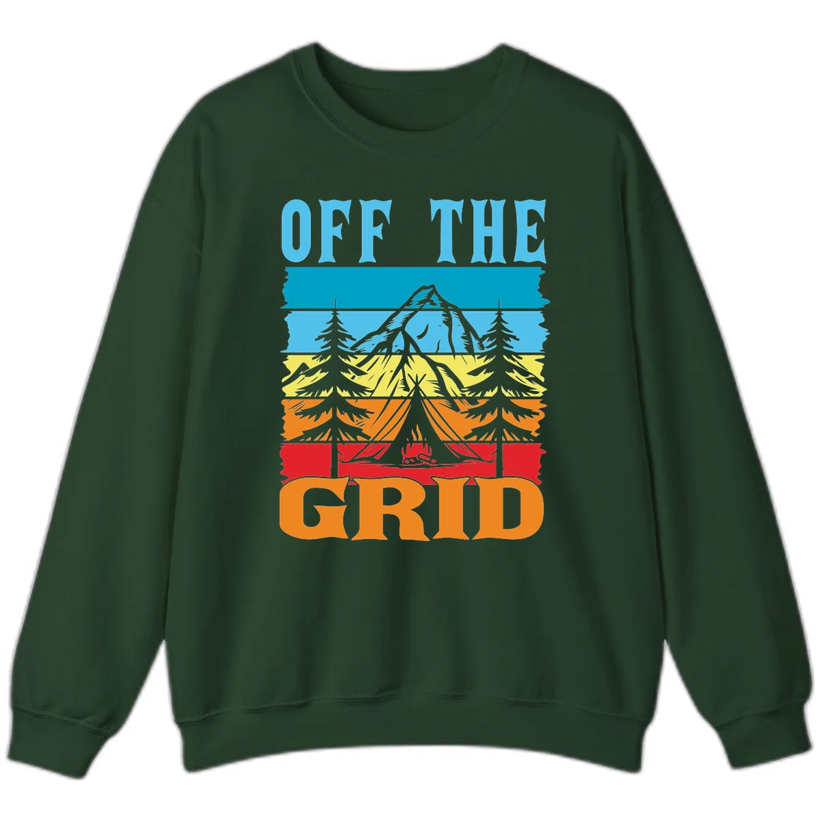 Colorful layered landscape illustration with tree, mountain, campfire, and roots design for off the grid camping shirt in Forest Green