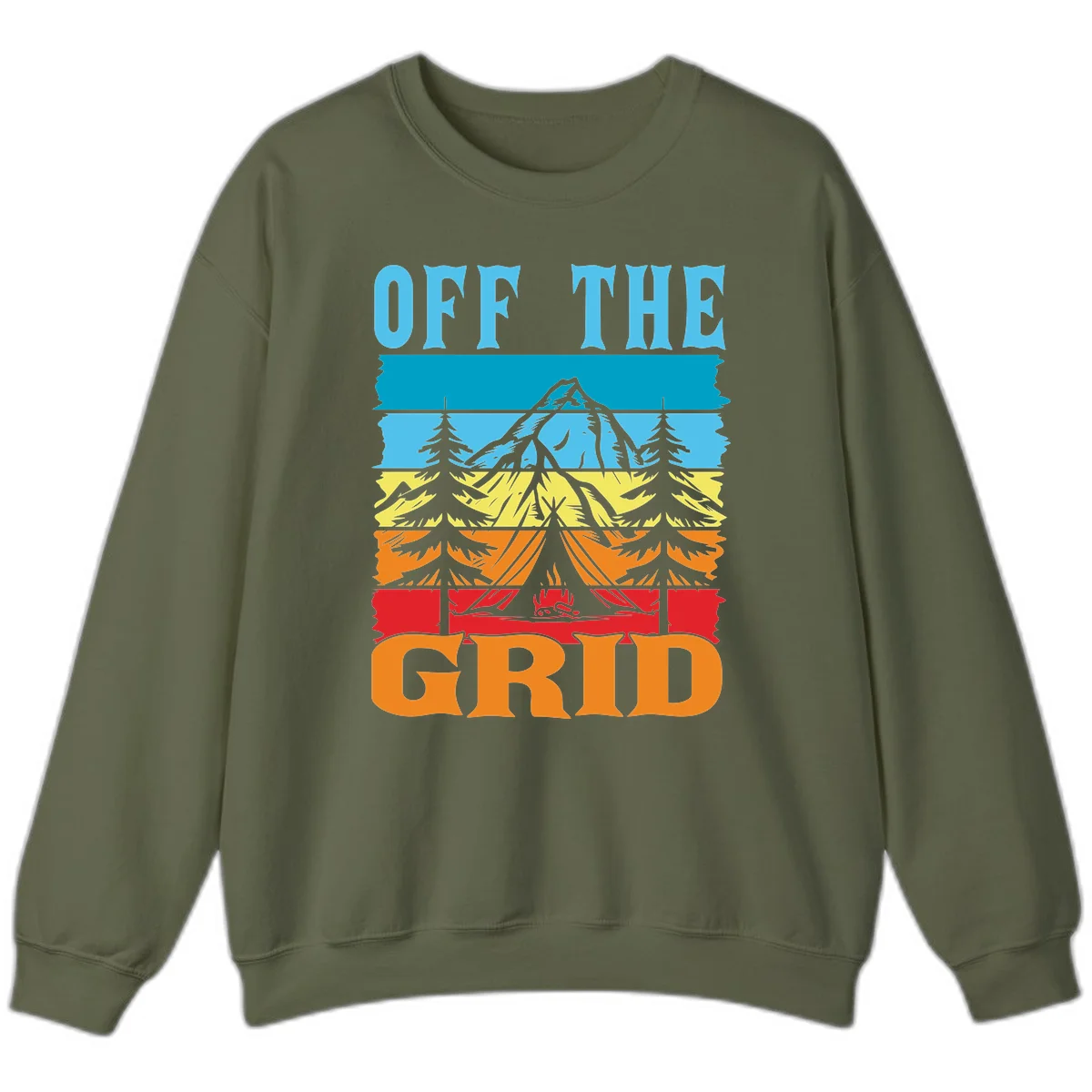 Colorful layered landscape illustration with tree, mountain, campfire, and roots design for off the grid camping shirt in Military Green