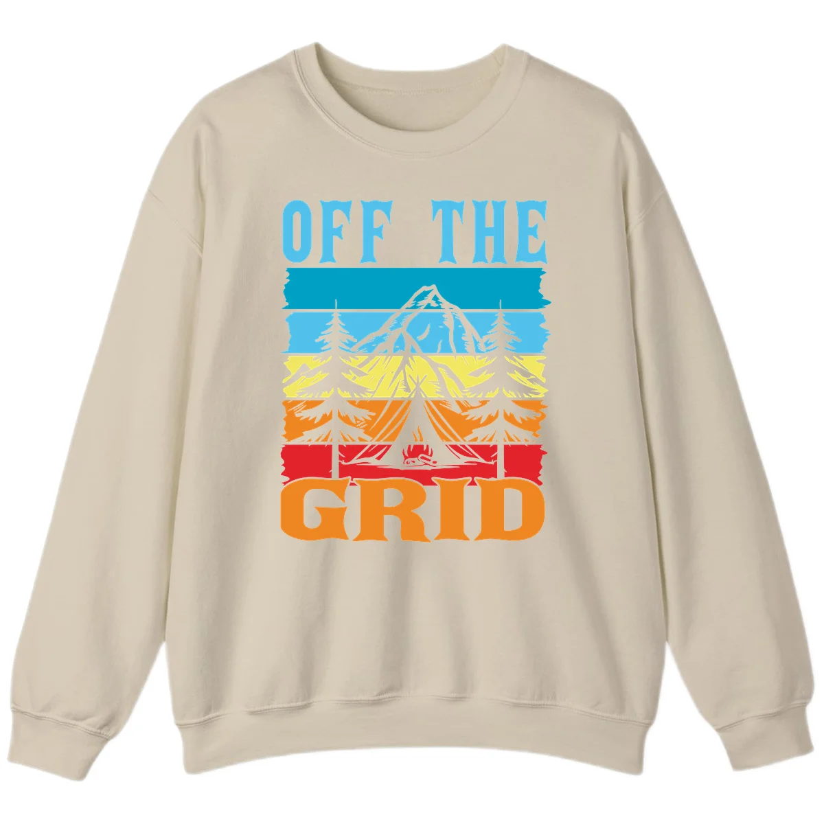 Colorful layered landscape illustration with tree, mountain, campfire, and roots design for off the grid camping shirt in Sand