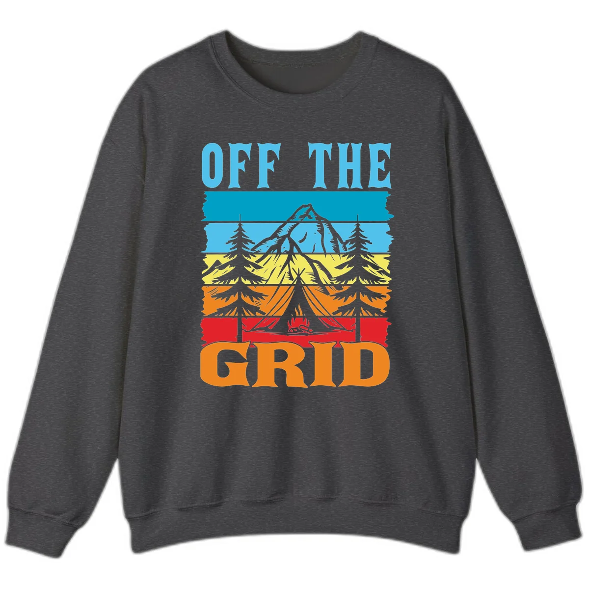 Colorful layered landscape illustration with tree, mountain, campfire, and roots design for off the grid camping shirt in Dark Heather