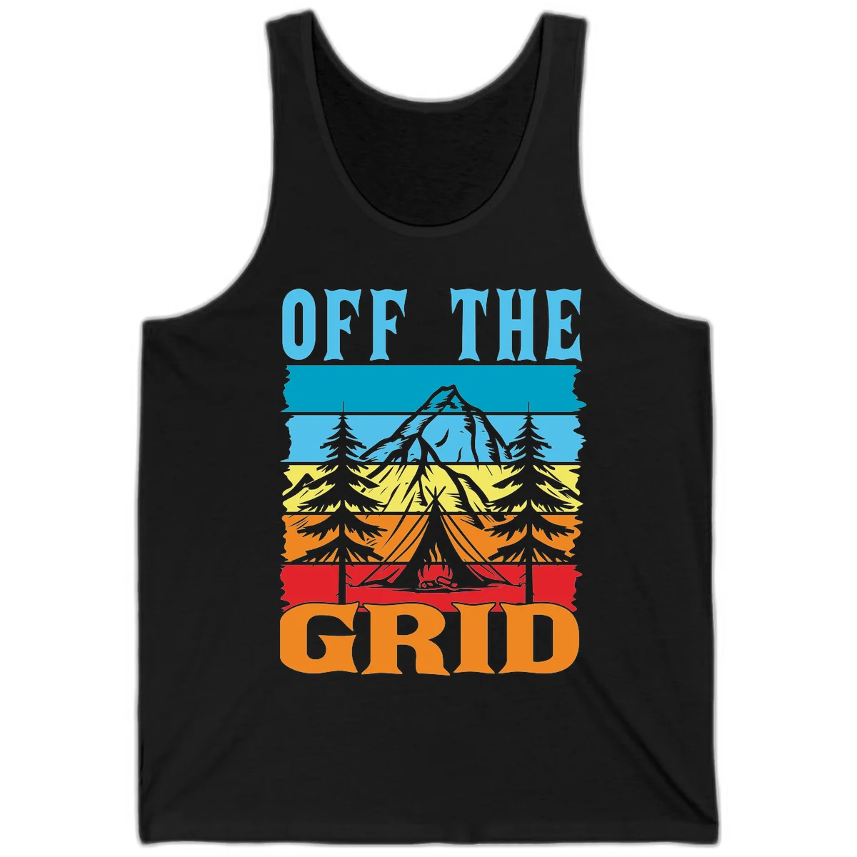 Colorful layered landscape illustration with tree, mountain, campfire, and roots design for off the grid camping shirt in Black