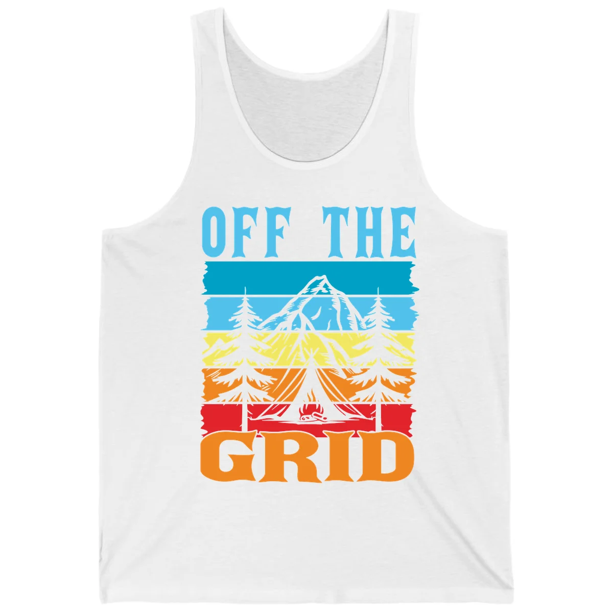 Colorful layered landscape illustration with tree, mountain, campfire, and roots design for off the grid camping shirt in White