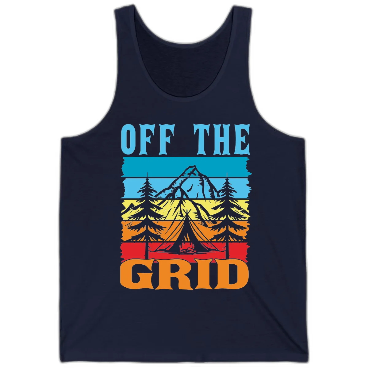 Colorful layered landscape illustration with tree, mountain, campfire, and roots design for off the grid camping shirt in Navy