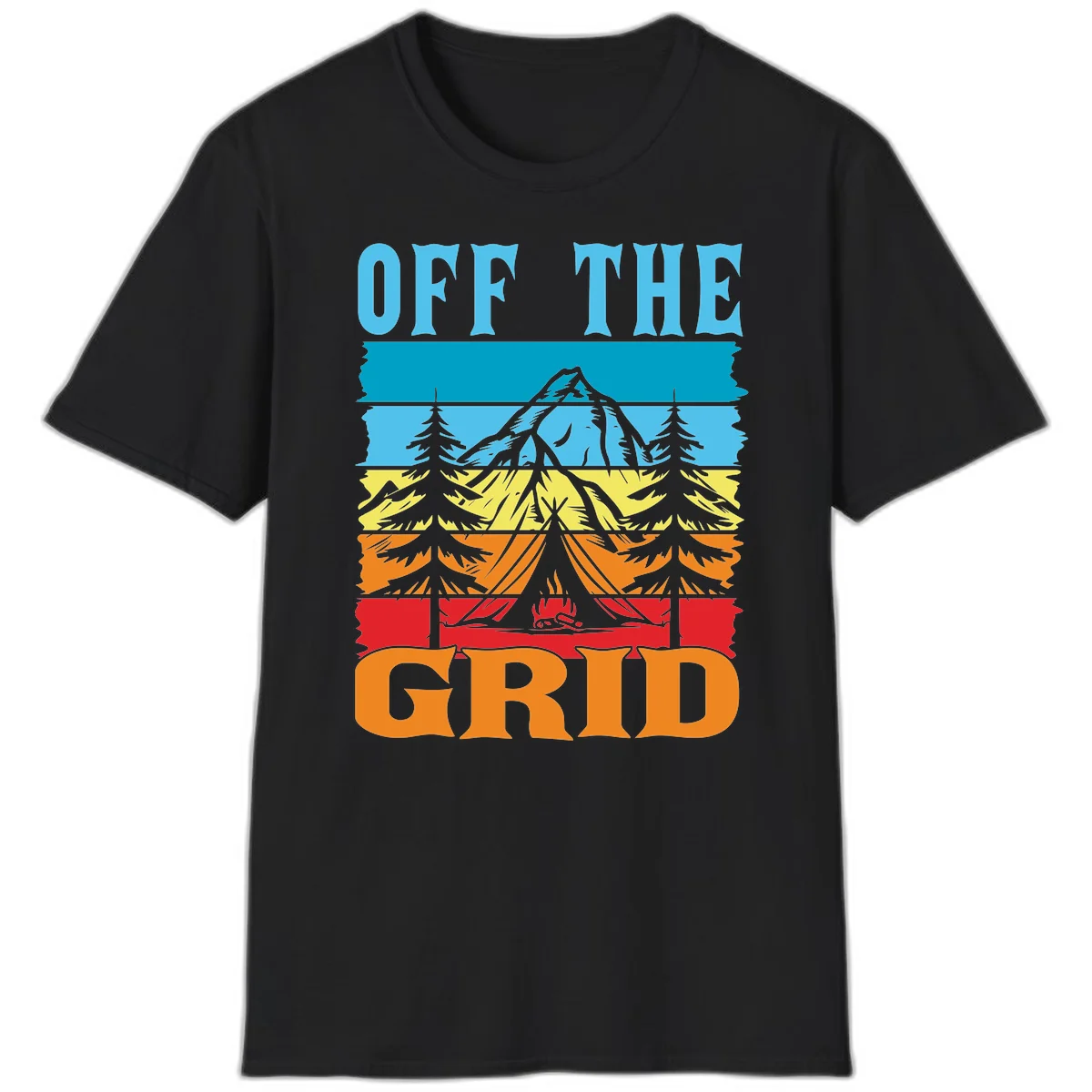 Colorful layered landscape illustration with tree, mountain, campfire, and roots design for off the grid camping shirt in Black