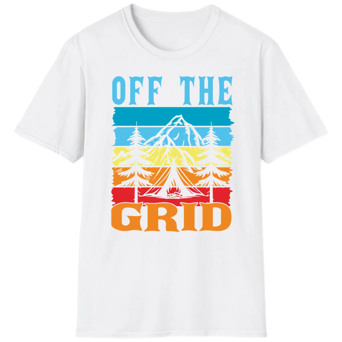 Colorful layered landscape illustration with tree, mountain, campfire, and roots design for off the grid camping shirt in White