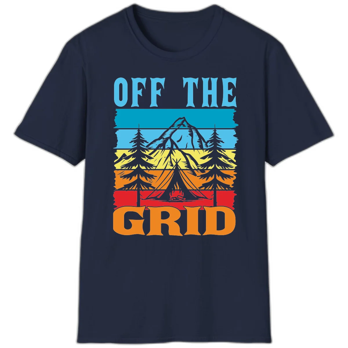 Colorful layered landscape illustration with tree, mountain, campfire, and roots design for off the grid camping shirt in Navy