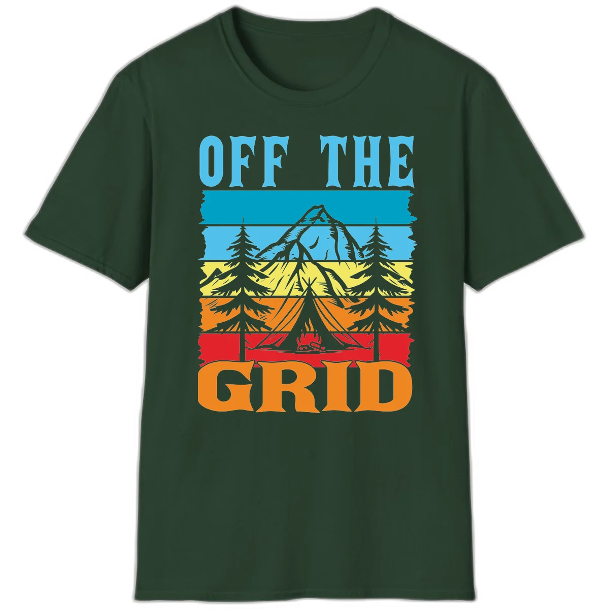Colorful layered landscape illustration with tree, mountain, campfire, and roots design for off the grid camping shirt in Forest Green