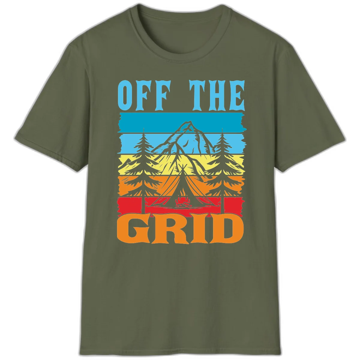 Colorful layered landscape illustration with tree, mountain, campfire, and roots design for off the grid camping shirt in Military Green