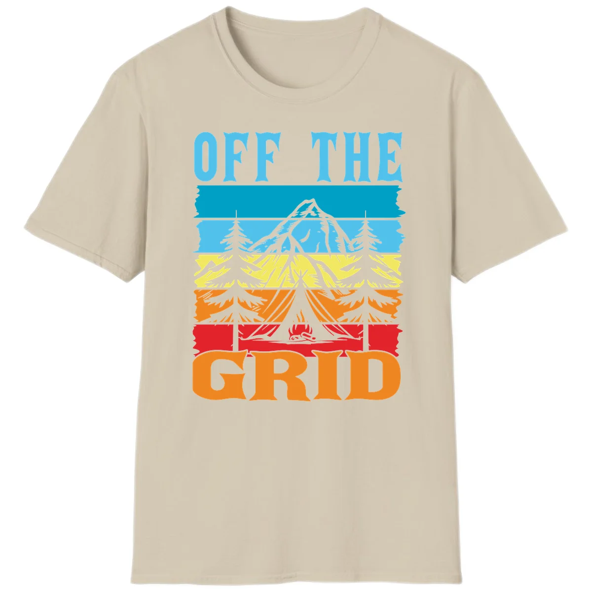Colorful layered landscape illustration with tree, mountain, campfire, and roots design for off the grid camping shirt in Sand