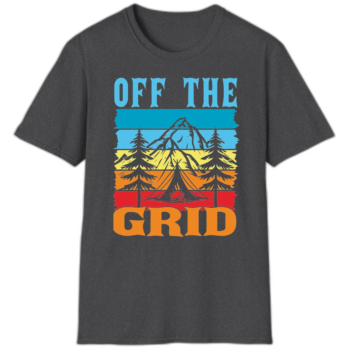 Colorful layered landscape illustration with tree, mountain, campfire, and roots design for off the grid camping shirt in Dark Heather