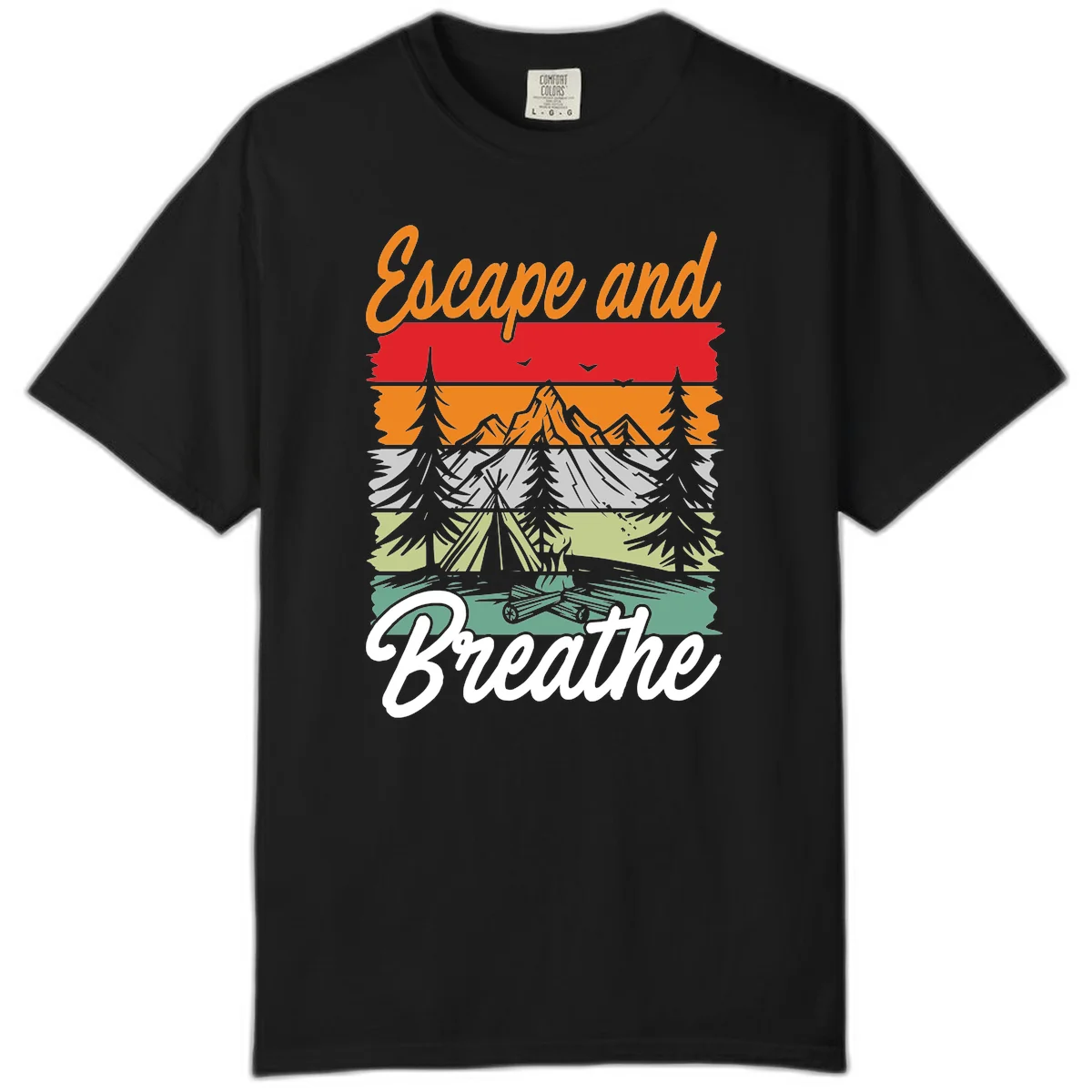 Escape and breathe camping design with layered wilderness landscape featuring mountains, forests, and timber silhouettes in horizontal color bands. in Black