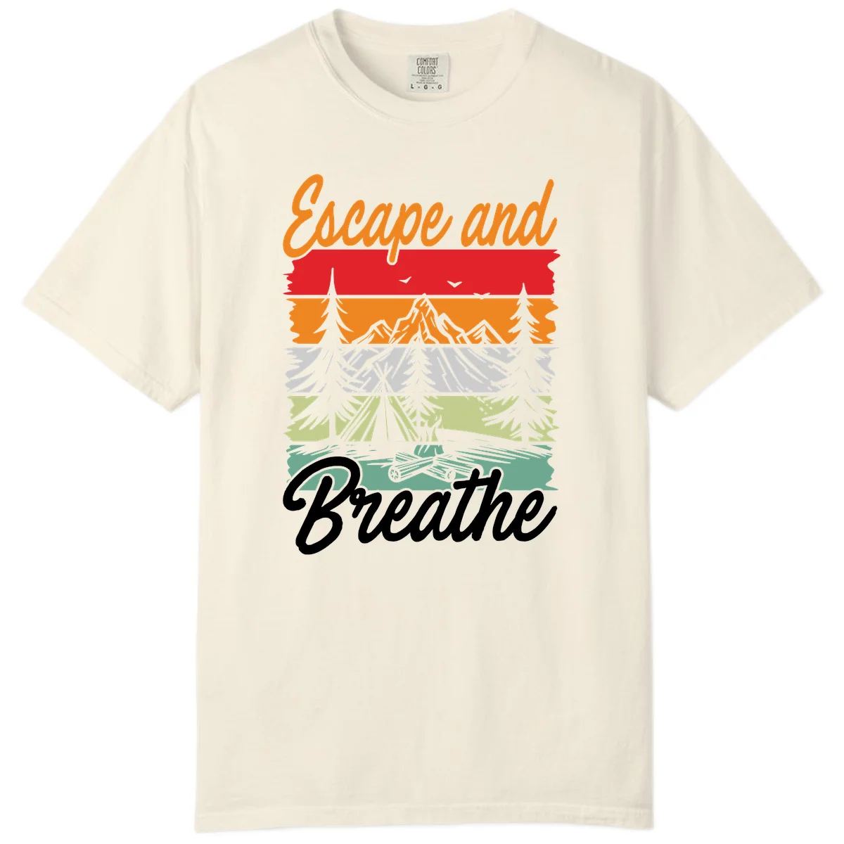 Escape and breathe camping design with layered wilderness landscape featuring mountains, forests, and timber silhouettes in horizontal color bands. in Ivory