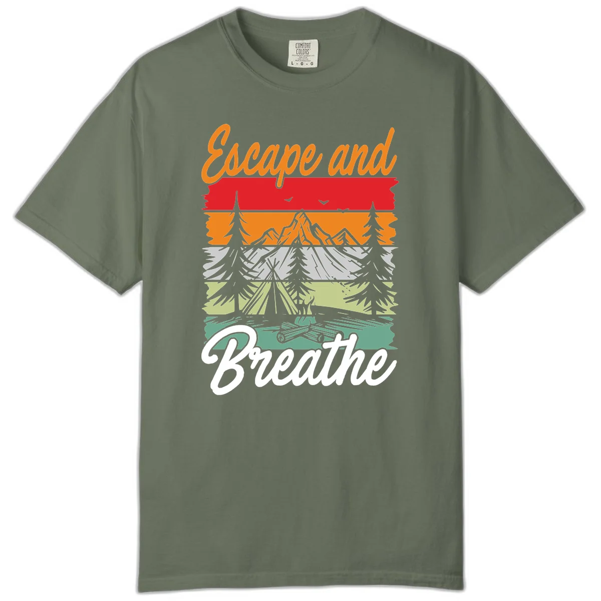 Escape and breathe camping design with layered wilderness landscape featuring mountains, forests, and timber silhouettes in horizontal color bands. in Moss