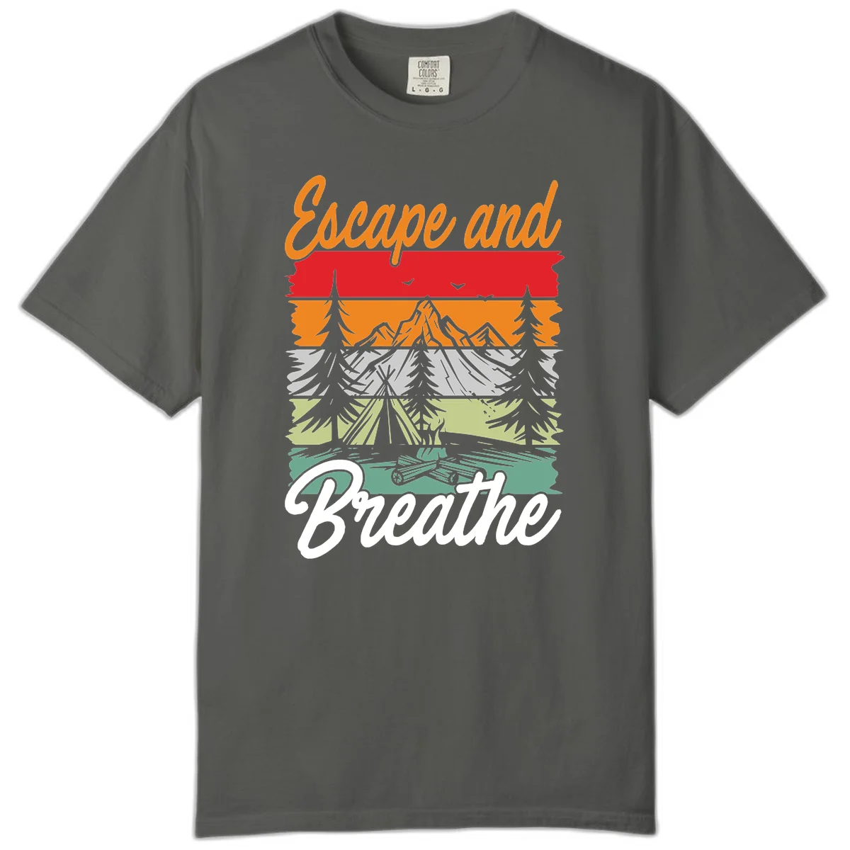 Escape and breathe camping design with layered wilderness landscape featuring mountains, forests, and timber silhouettes in horizontal color bands. in Pepper