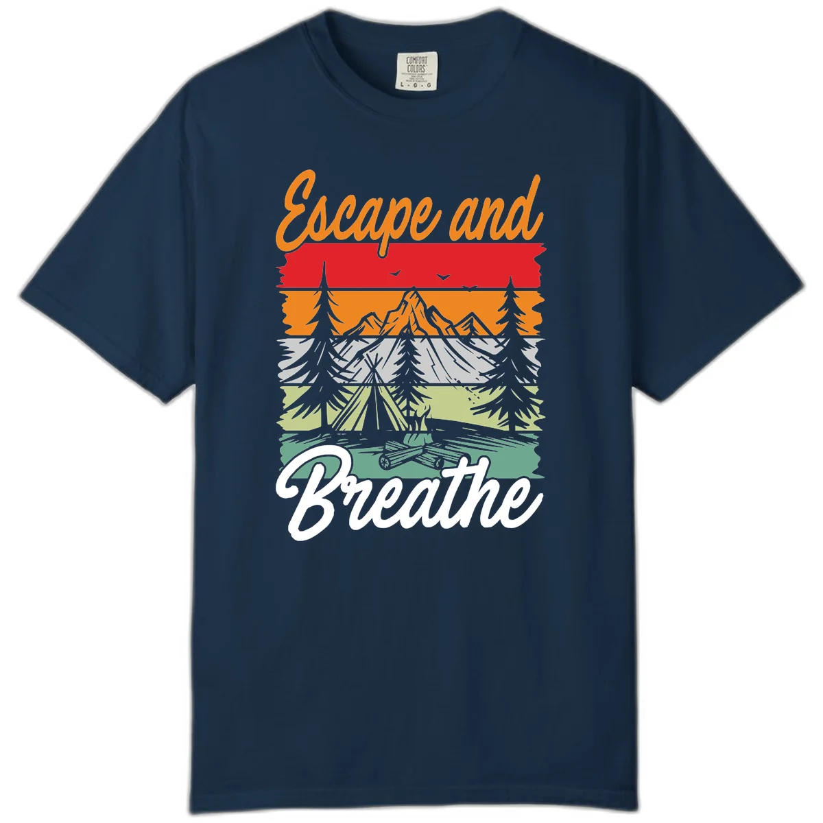 Escape and breathe camping design with layered wilderness landscape featuring mountains, forests, and timber silhouettes in horizontal color bands. in True Navy