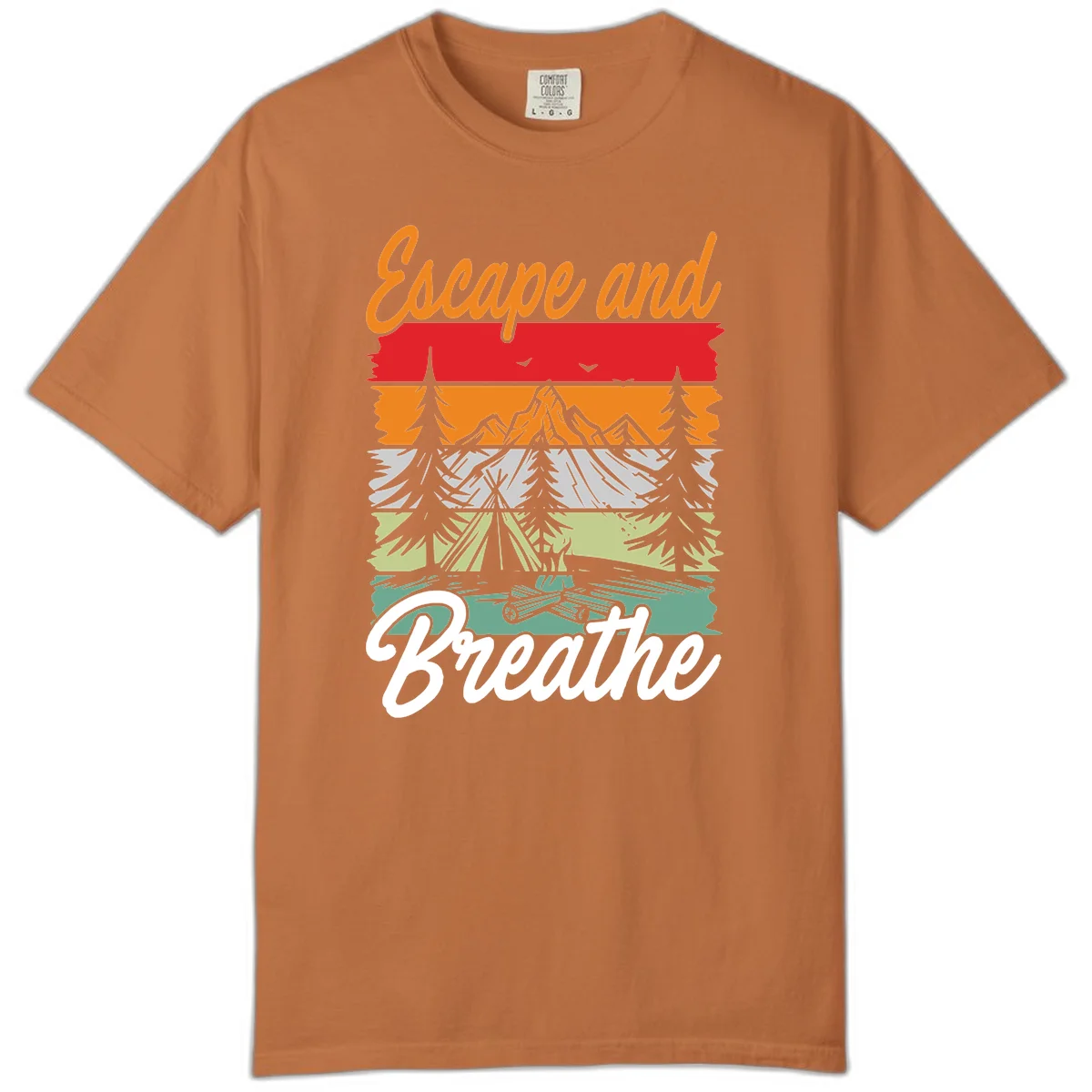 Escape and breathe camping design with layered wilderness landscape featuring mountains, forests, and timber silhouettes in horizontal color bands. in Yam