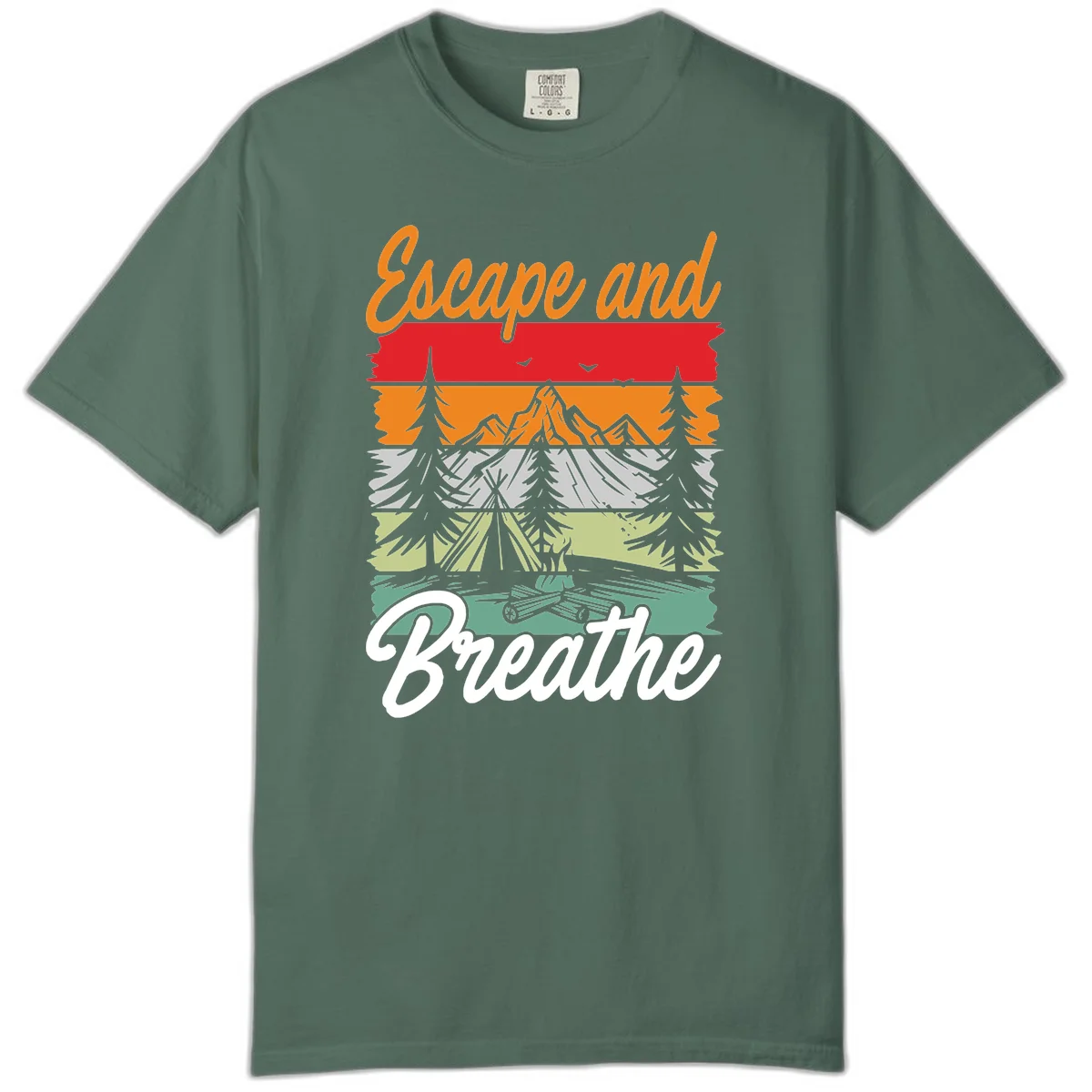 Escape and breathe camping design with layered wilderness landscape featuring mountains, forests, and timber silhouettes in horizontal color bands. in Blue Spruce