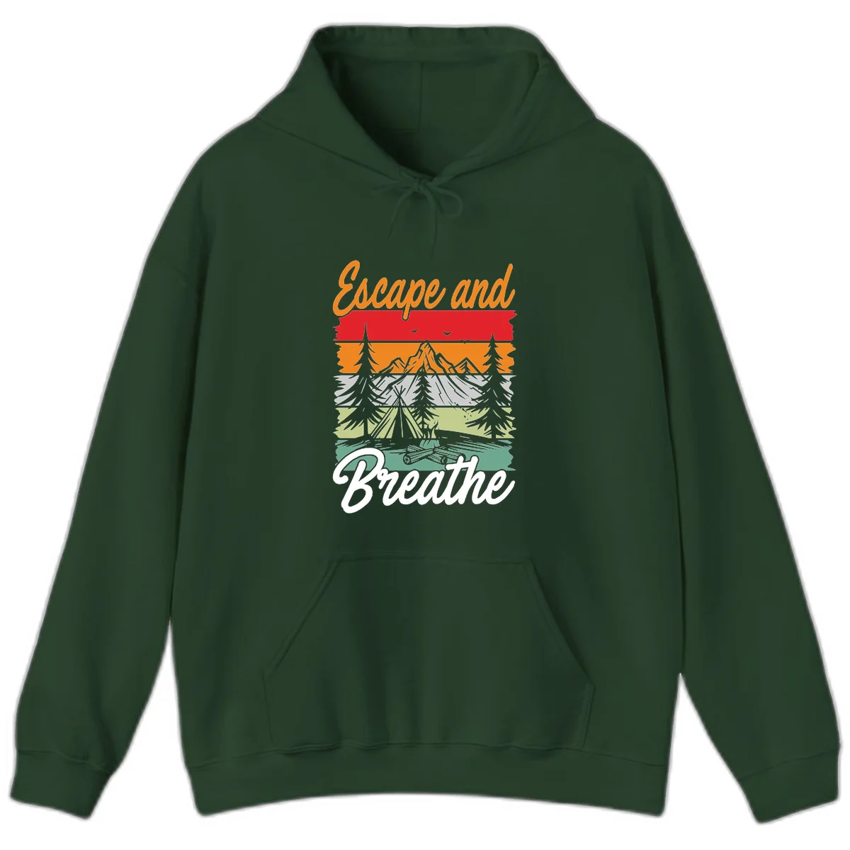 Escape and breathe camping design with layered wilderness landscape featuring mountains, forests, and timber silhouettes in horizontal color bands. in Forest Green