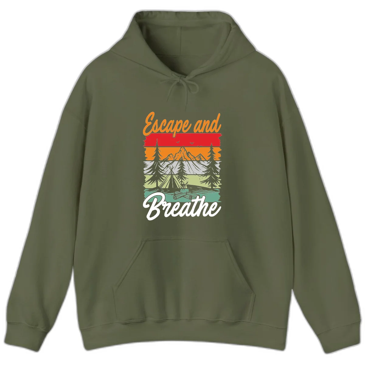 Escape and breathe camping design with layered wilderness landscape featuring mountains, forests, and timber silhouettes in horizontal color bands. in Military Green