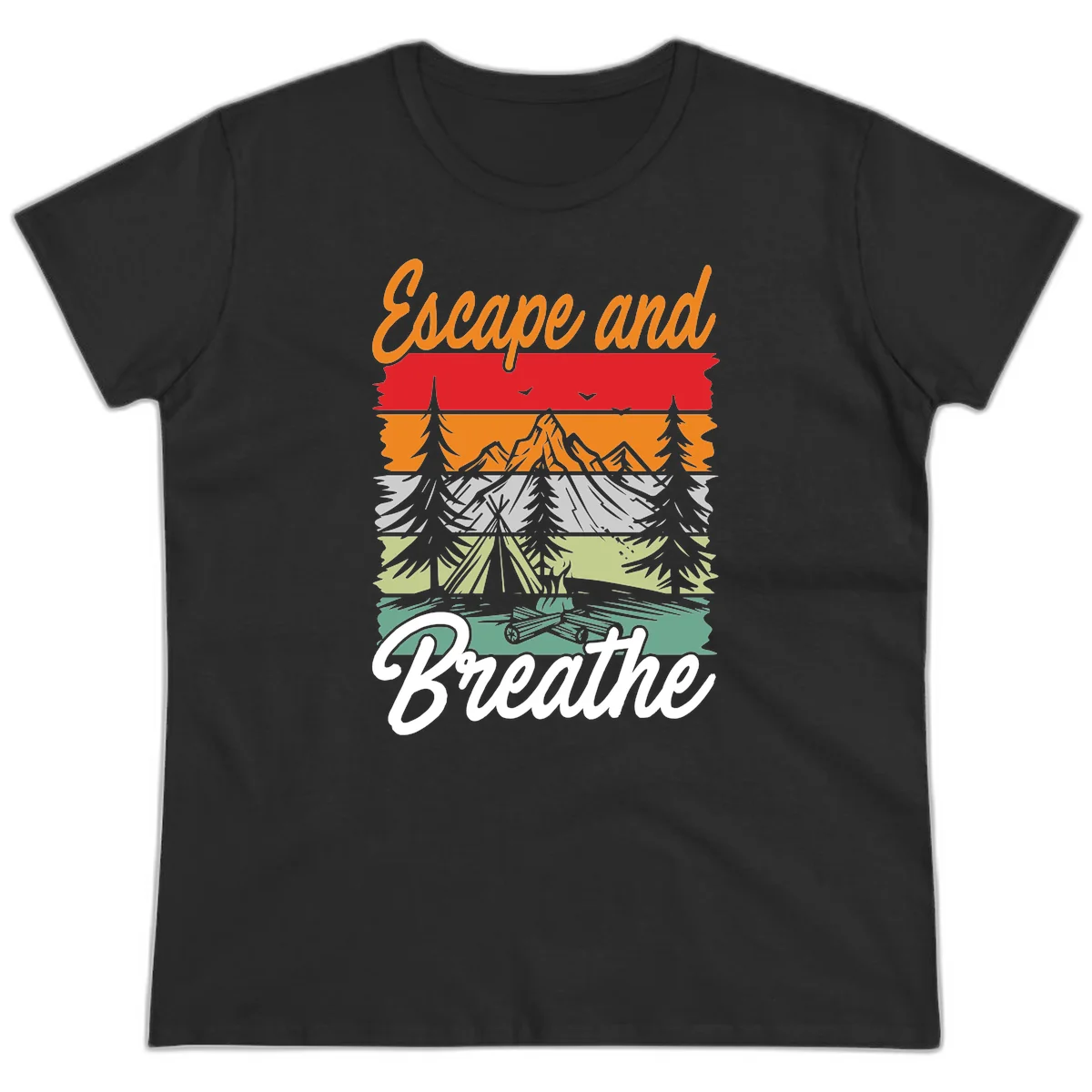 Escape and breathe camping design with layered wilderness landscape featuring mountains, forests, and timber silhouettes in horizontal color bands. in Black