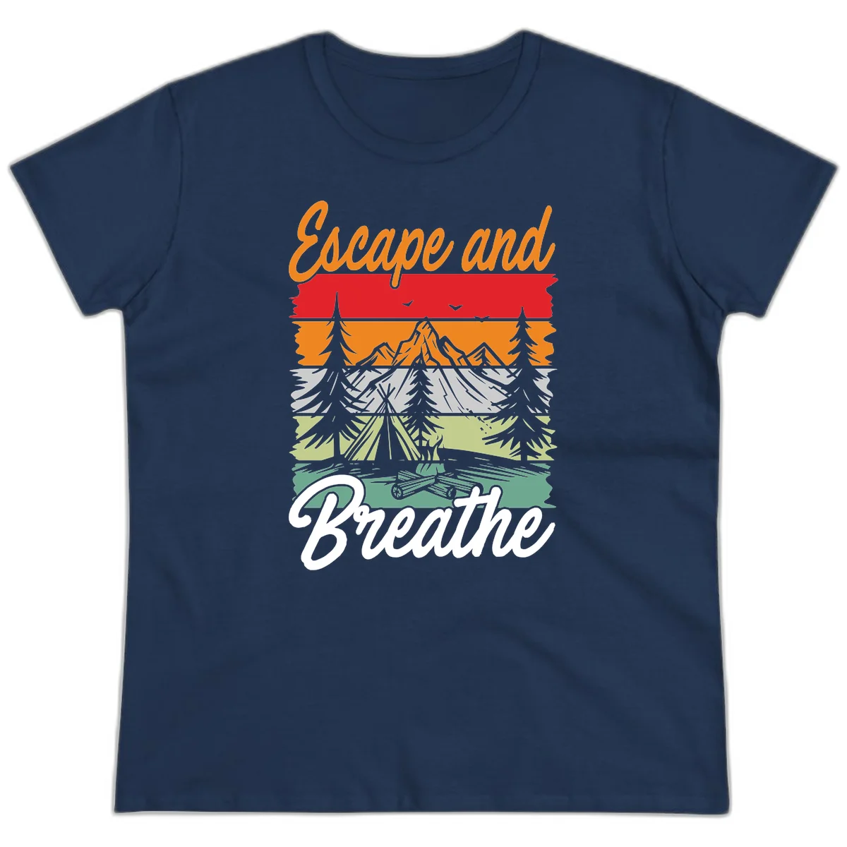 Escape and breathe camping design with layered wilderness landscape featuring mountains, forests, and timber silhouettes in horizontal color bands. in Navy