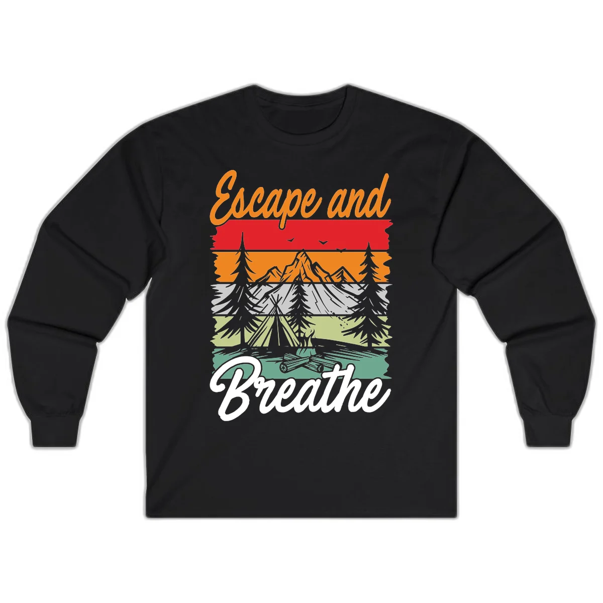 Escape and breathe camping design with layered wilderness landscape featuring mountains, forests, and timber silhouettes in horizontal color bands. in Black