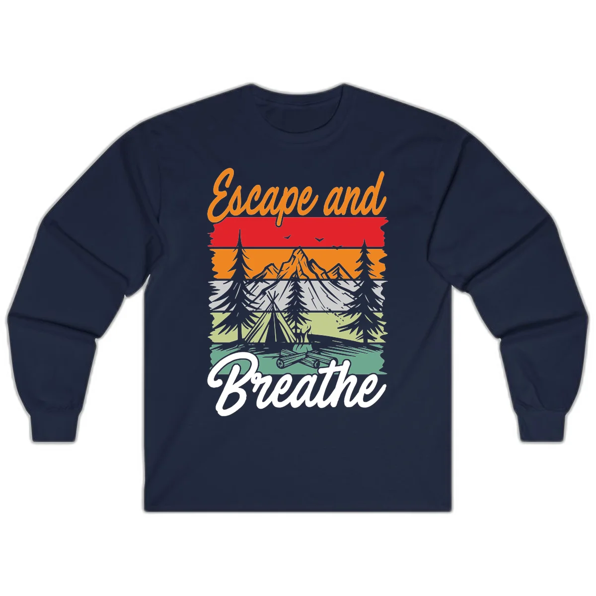 Escape and breathe camping design with layered wilderness landscape featuring mountains, forests, and timber silhouettes in horizontal color bands. in Navy