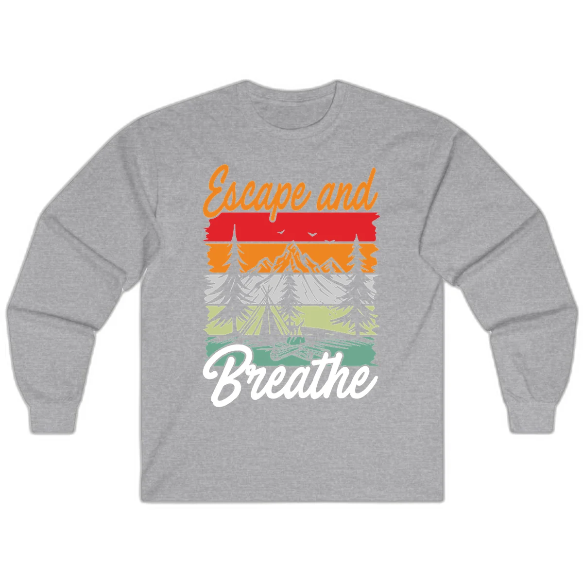 Escape and breathe camping design with layered wilderness landscape featuring mountains, forests, and timber silhouettes in horizontal color bands. in Sport Grey