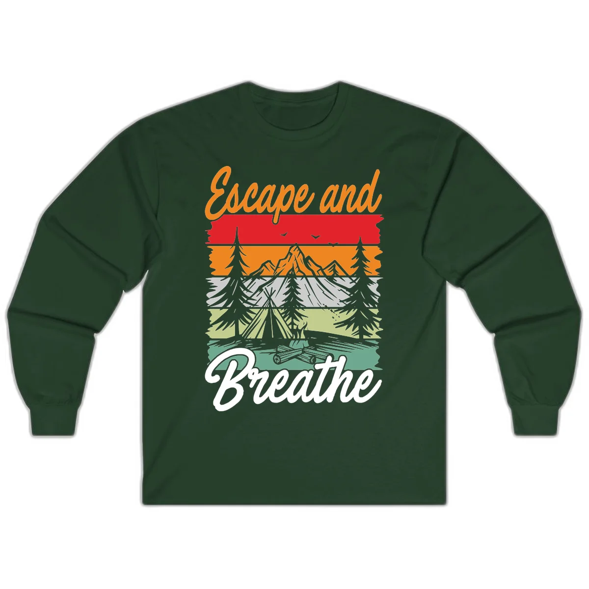Escape and breathe camping design with layered wilderness landscape featuring mountains, forests, and timber silhouettes in horizontal color bands. in Forest Green