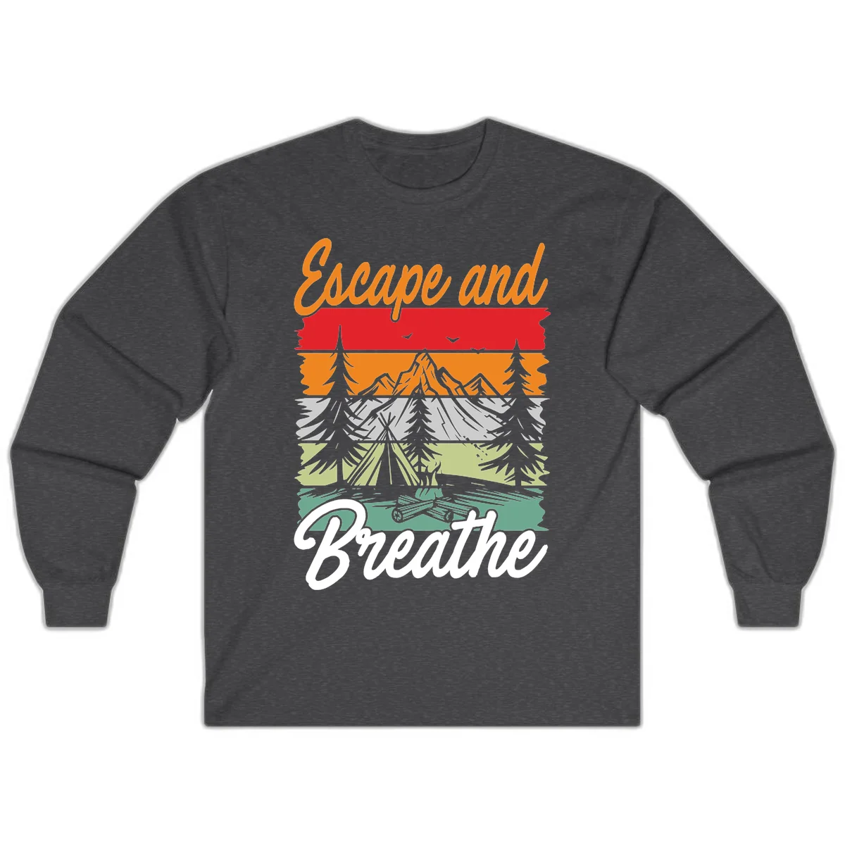 Escape and breathe camping design with layered wilderness landscape featuring mountains, forests, and timber silhouettes in horizontal color bands. in Dark Heather