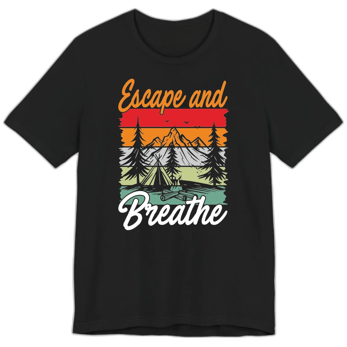 Escape and breathe camping design with layered wilderness landscape featuring mountains, forests, and timber silhouettes in horizontal color bands. in Black