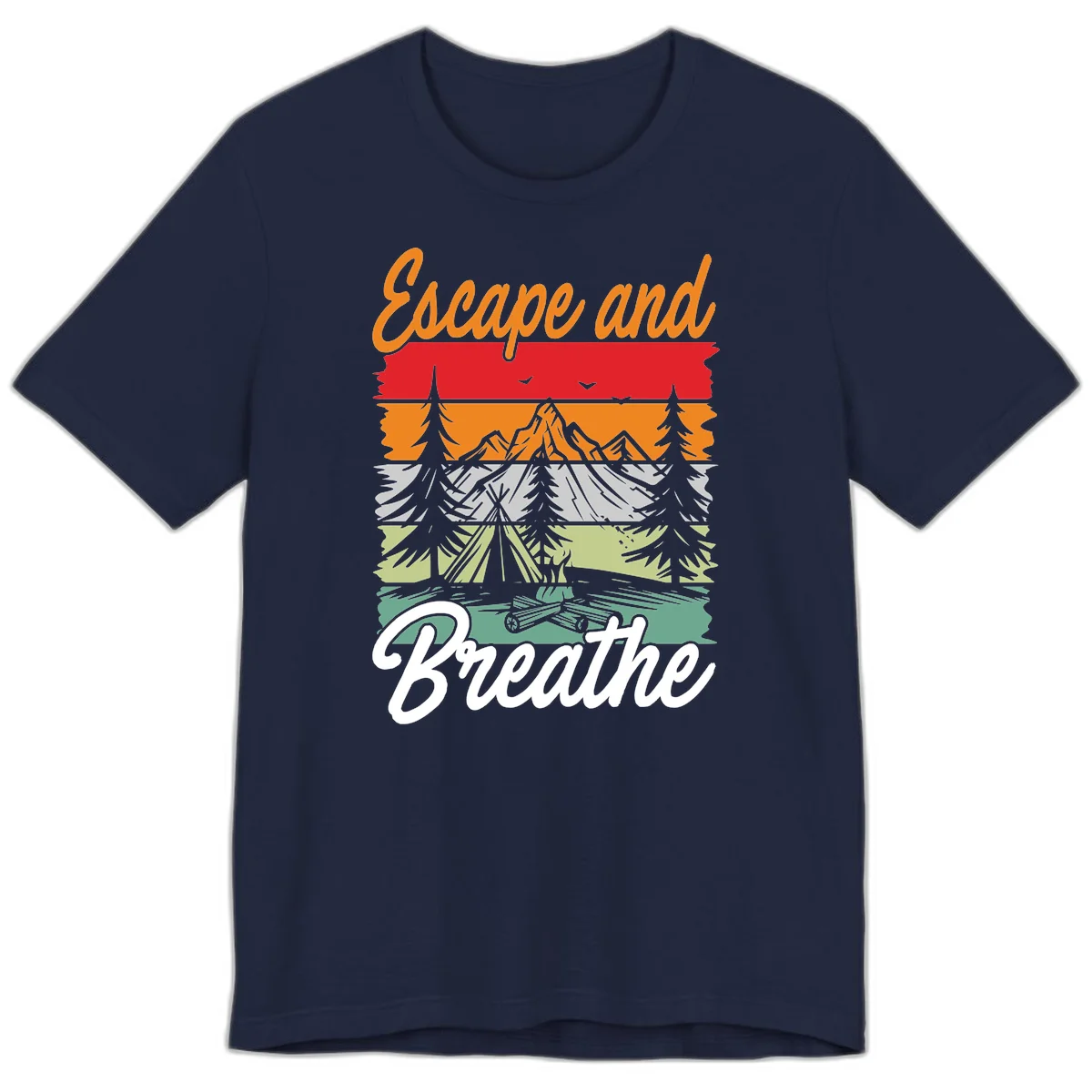 Escape and breathe camping design with layered wilderness landscape featuring mountains, forests, and timber silhouettes in horizontal color bands. in Navy