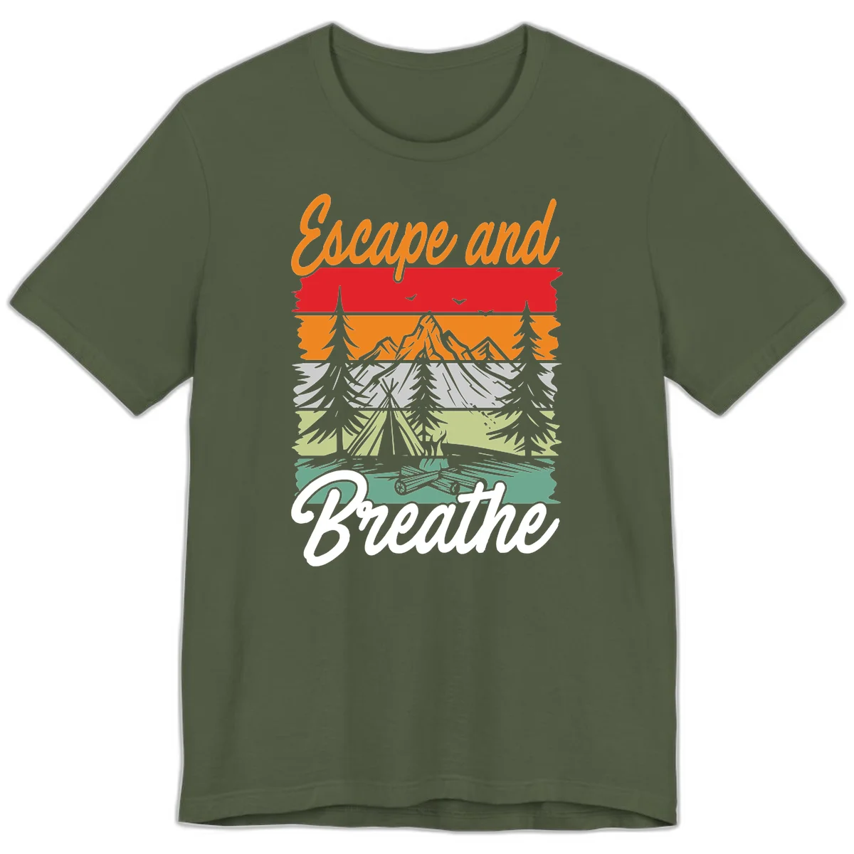 Escape and breathe camping design with layered wilderness landscape featuring mountains, forests, and timber silhouettes in horizontal color bands. in Military Green