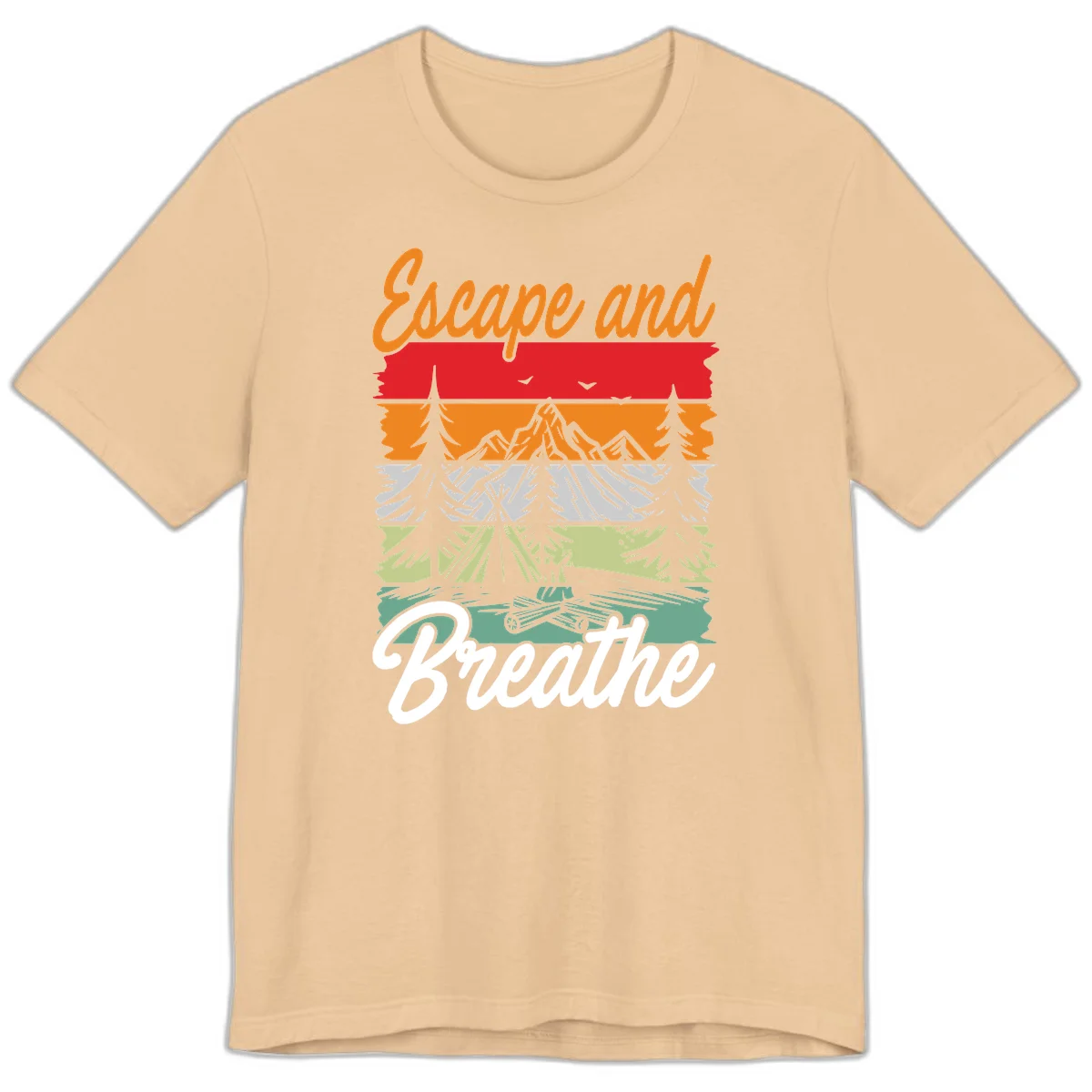 Escape and breathe camping design with layered wilderness landscape featuring mountains, forests, and timber silhouettes in horizontal color bands. in Sand Dune