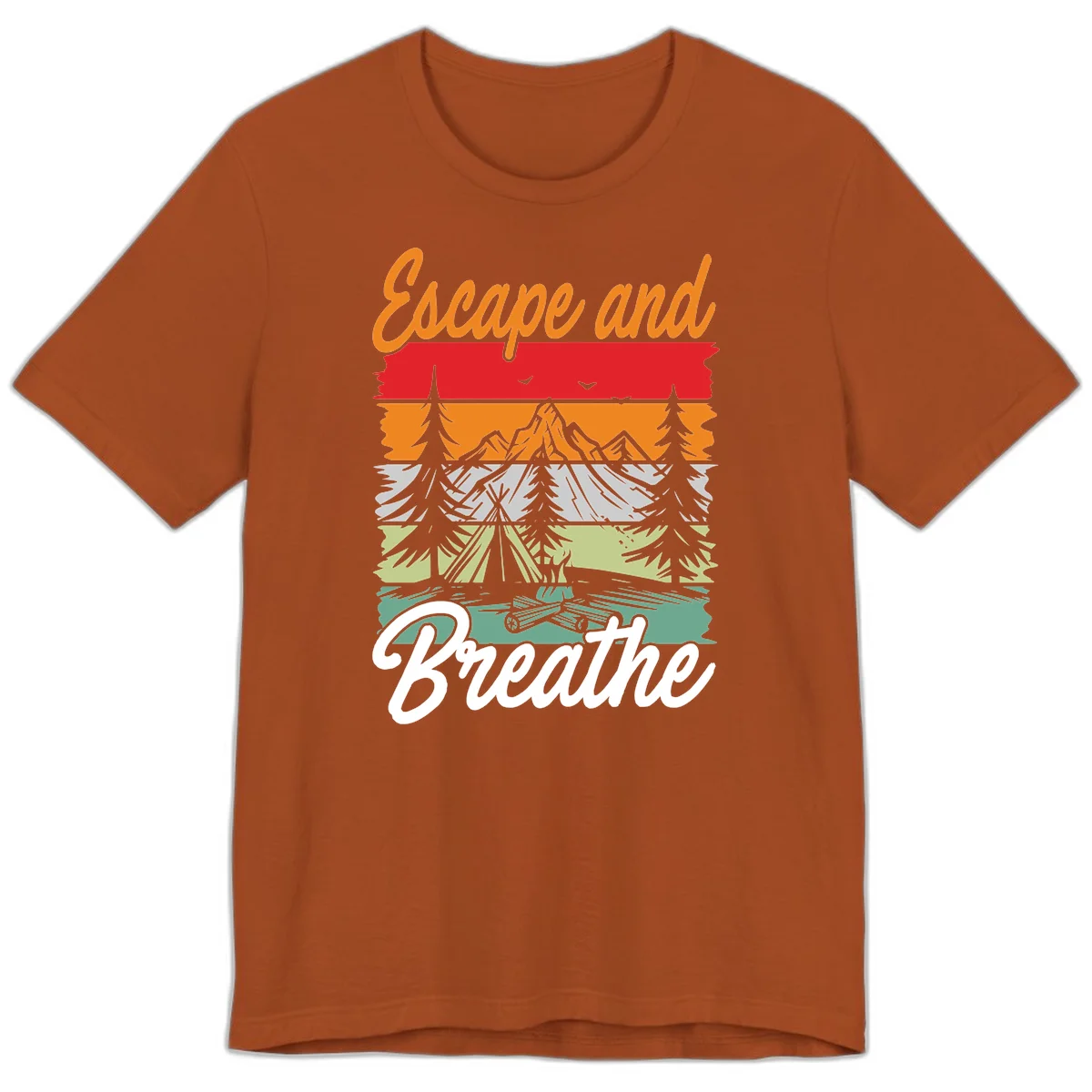 Escape and breathe camping design with layered wilderness landscape featuring mountains, forests, and timber silhouettes in horizontal color bands. in Autumn