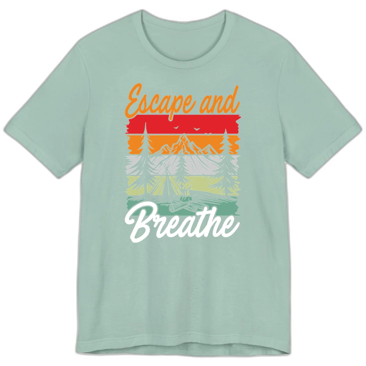 Escape and breathe camping design with layered wilderness landscape featuring mountains, forests, and timber silhouettes in horizontal color bands. in Dusty Blue