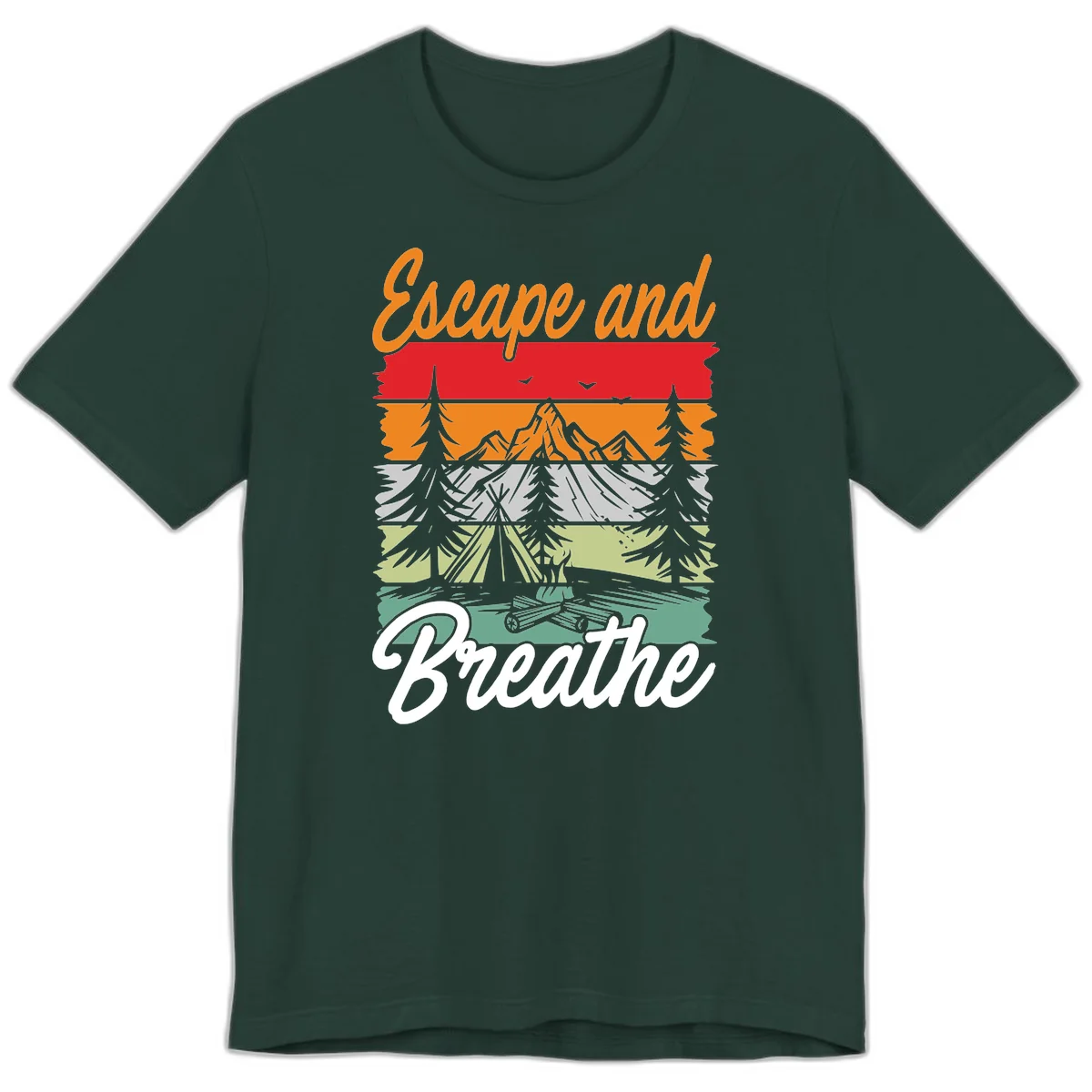 Escape and breathe camping design with layered wilderness landscape featuring mountains, forests, and timber silhouettes in horizontal color bands. in Forest