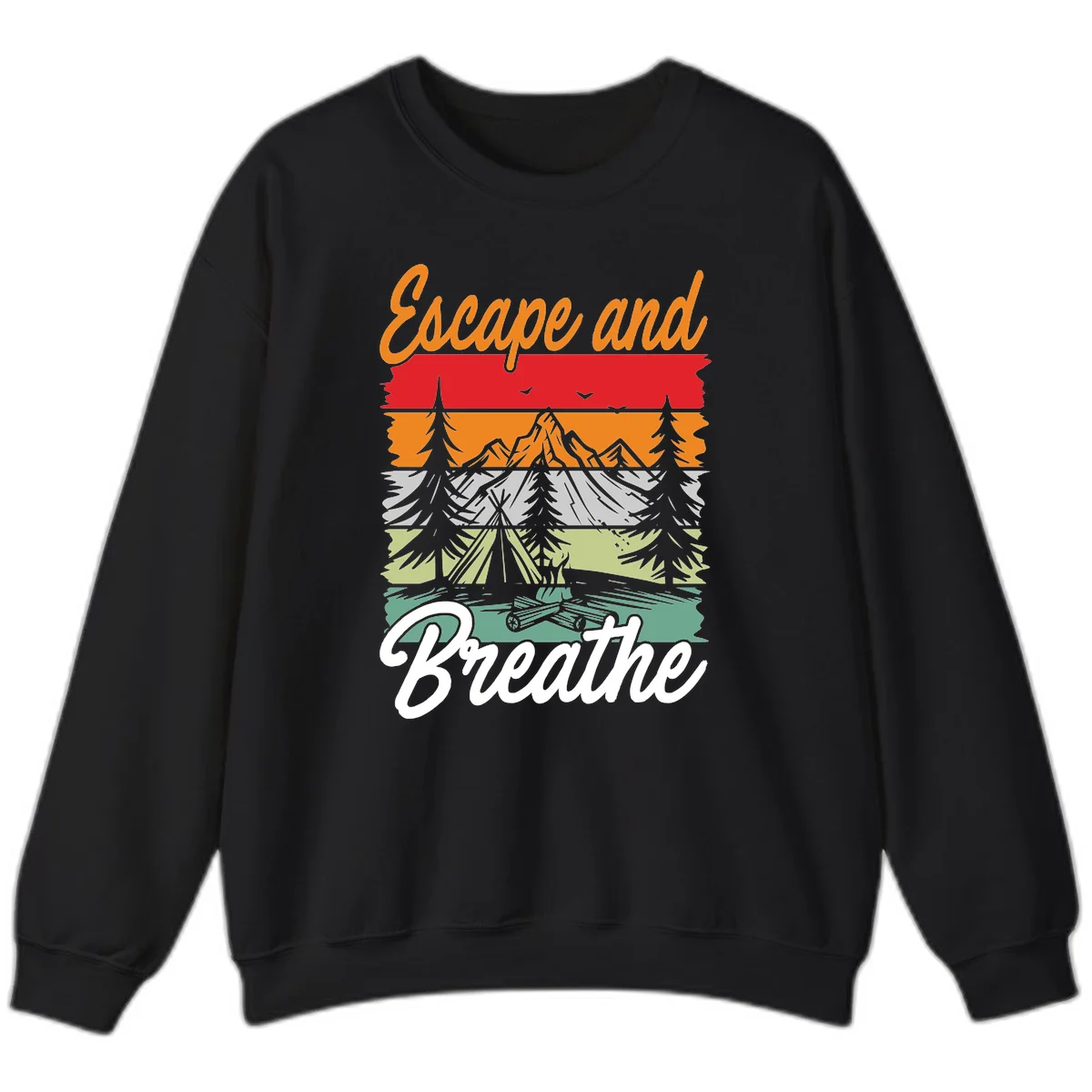 Escape and breathe camping design with layered wilderness landscape featuring mountains, forests, and timber silhouettes in horizontal color bands. in Black