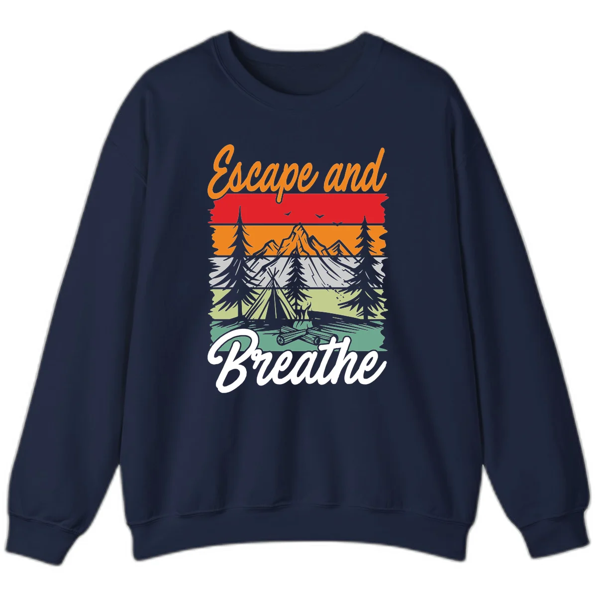 Escape and breathe camping design with layered wilderness landscape featuring mountains, forests, and timber silhouettes in horizontal color bands. in Navy