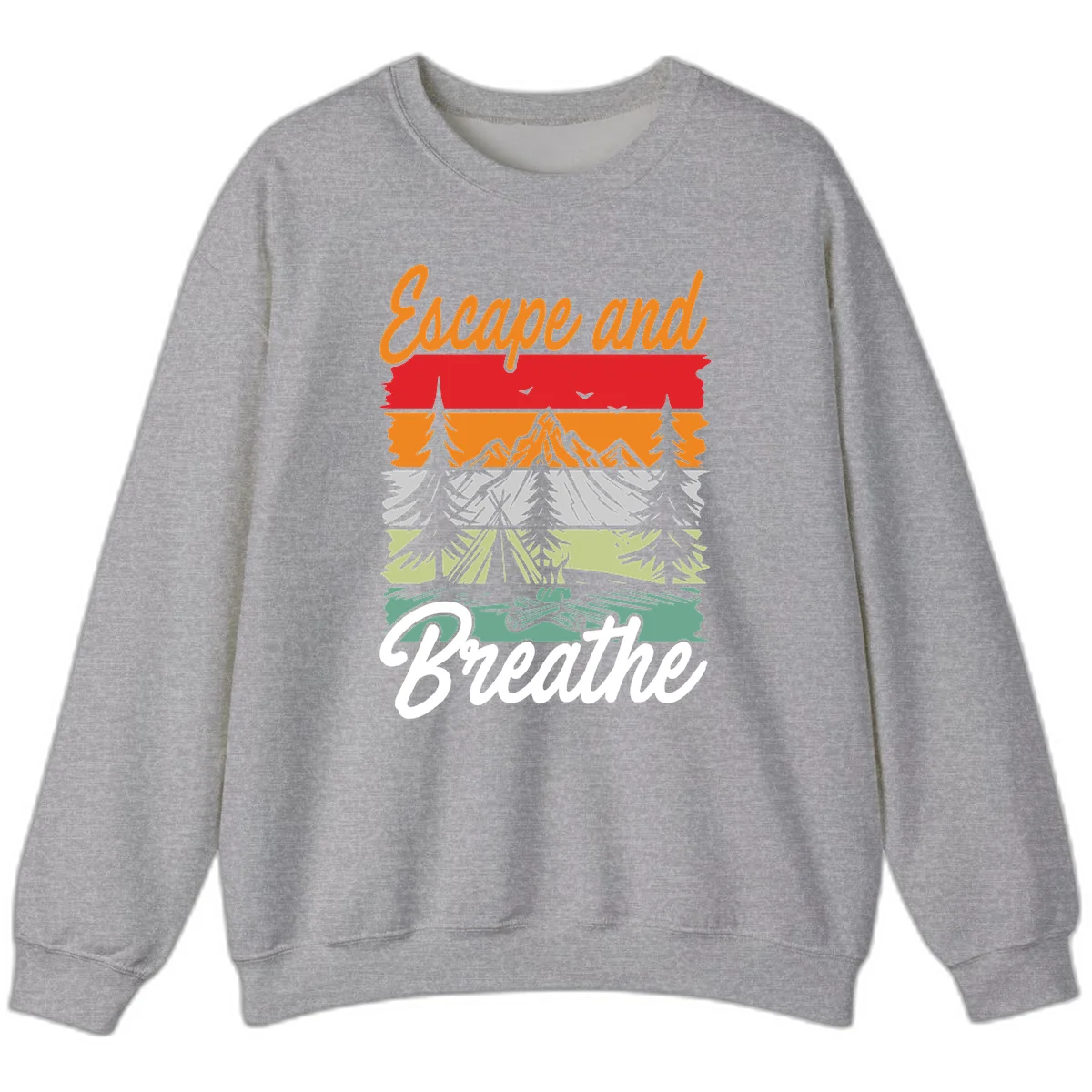 Escape and breathe camping design with layered wilderness landscape featuring mountains, forests, and timber silhouettes in horizontal color bands. in Sport Grey